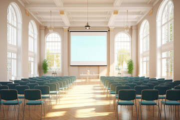 An auditorium with rows of chairs and a large projector screen