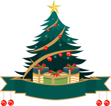Merry Christmas with Green Ribbon With Santa Gifts on the Christmas Tree
