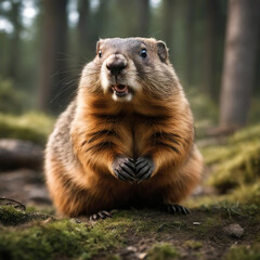Close-up retrato de una marmota en un bosque 