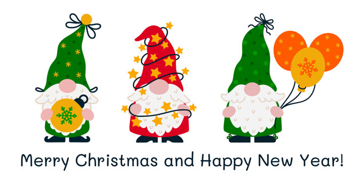 Holiday gnomes vector set. Cute funny elves are holding a Christmas tree toy, garland with stars and lights, balloons with snowflake print. Santa Claus helpers in a stocking caps. Flat cartoon clipart