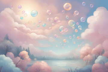 Soap bubbles flying in the sky.Generative AI