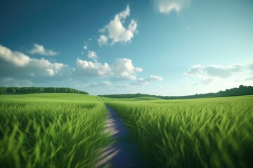 Obraz premium green field and blue sky - Generative AI