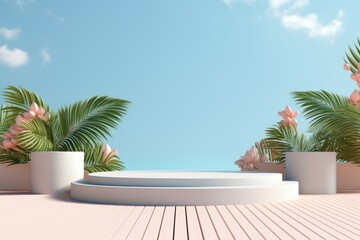 A podium, a pedestal, a stage for advertising cosmetics products. Summer podium, rest, vacation.
