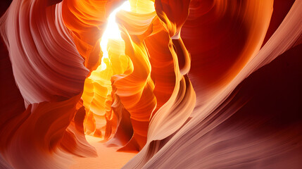 Antelope Canyon in Arizona's Enchanting Slot Canyons by beams of sunlight, Generative Ai illustration.