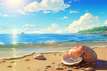 anime style background, a seashell on the beach