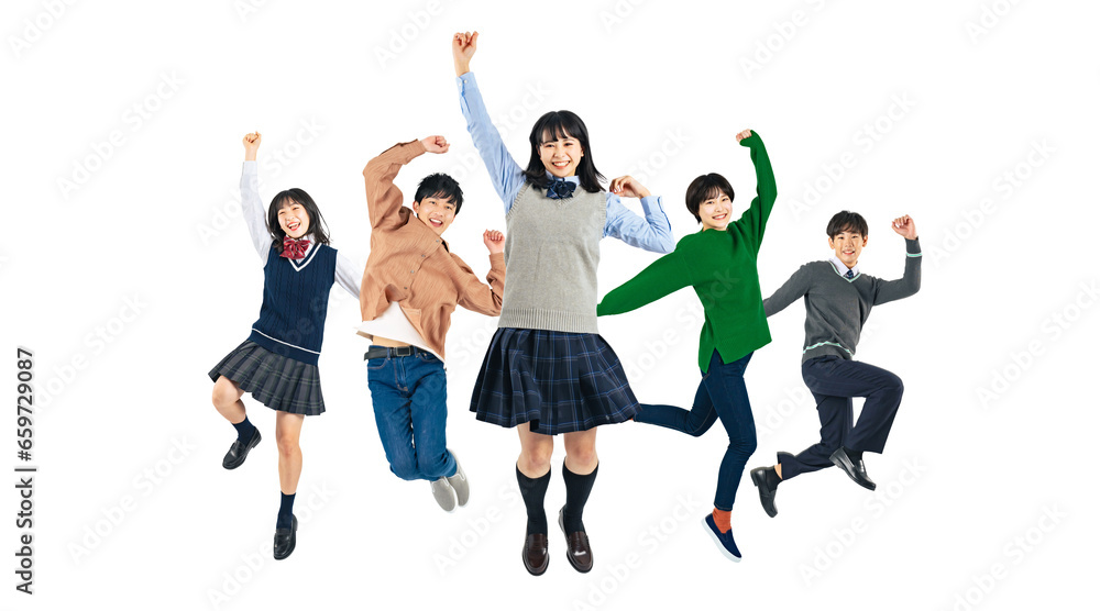 Aufkleber ジャンプする学生グループ　z世代　切り抜き背景透過png（1人ずつの画像も販売しております。作成者リンクからpngで検索してください）