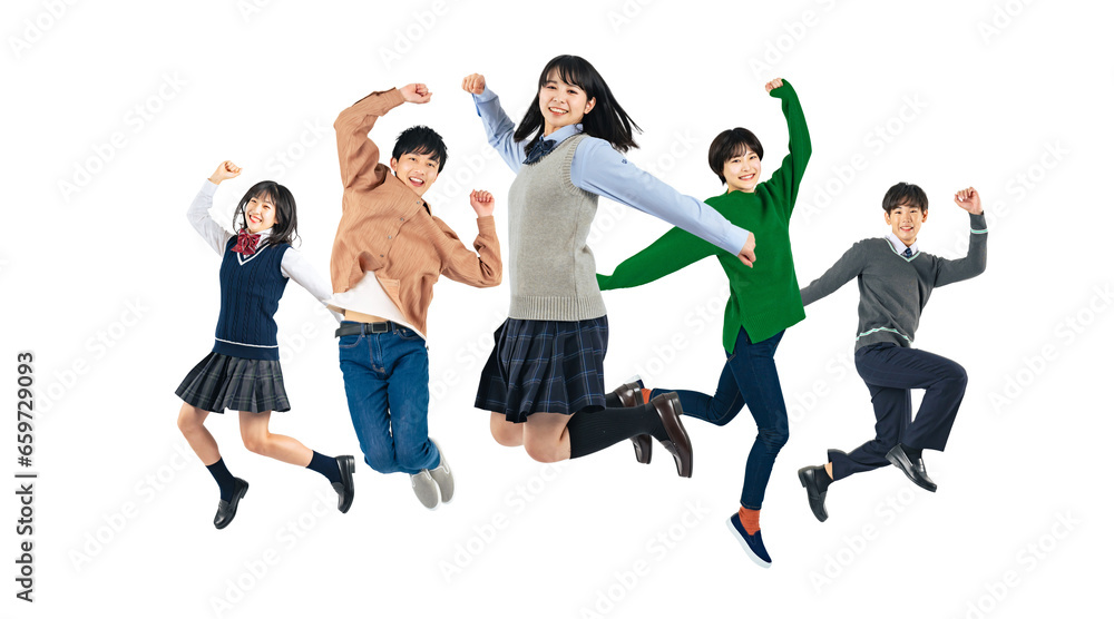 Aufkleber ジャンプする学生グループ　z世代　切り抜き背景透過png（1人ずつの画像も販売しております。作成者リンクからpngで検索してください）