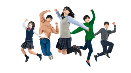 ジャンプする学生グループ　Z世代　切り抜き背景透過PNG（1人ずつの画像も販売しております。作成者リンクからPNGで検索してください）