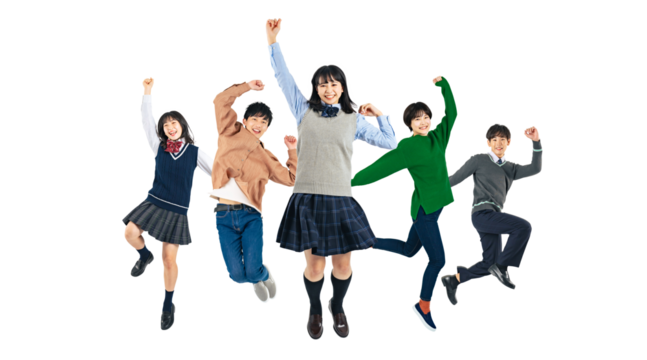 ジャンプする学生グループ Z世代 切り抜き背景透過PNG(1人ずつの画像も販売しております。作成者リンクからPNGで検索してください)