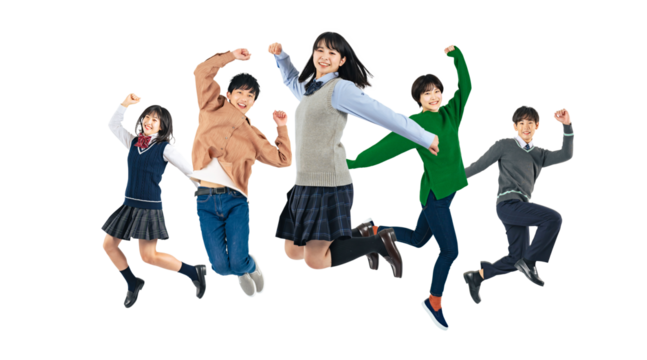 ジャンプする学生グループ Z世代 切り抜き背景透過PNG(1人ずつの画像も販売しております。作成者リンクからPNGで検索してください)