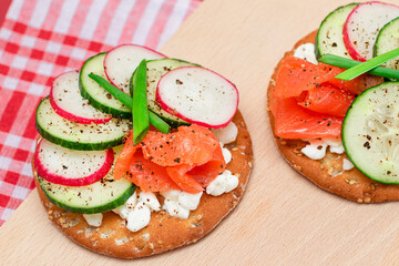 Crispy Cracker Sandwiches with Fresh Salmon, Cucumber, Radish, Cottage Cheese and Green Onions. Easy Breakfast. Quick and Healthy Sandwiches. Crispbread with Tasty Filling. Healthy Dietary Snack