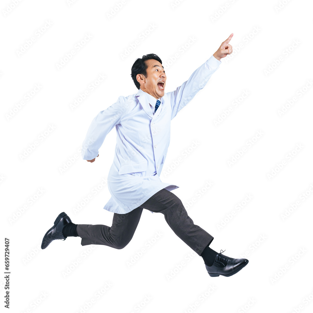 Poster 遠くを指さしてジャンプする白衣を着た中年男性　医師　科学者　切り抜き背景透過png