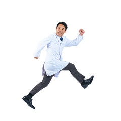 Fototapeta na wymiar ジャンプする白衣を着た中年男性　医師　科学者　切り抜き背景透過PNG