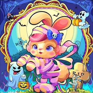 Halloween background with bunny and ghost 