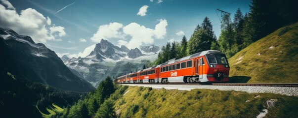 Picturesque scenery and train travel. Photo of a suburban passenger train. A locomotive pulls a passenger train along a winding road among the mountains. - obrazy, fototapety, plakaty