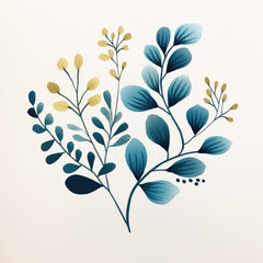 Blue-green leaves in a beautiful isolated simple watercolor gouache illustration pattern, on watercolour paper texture