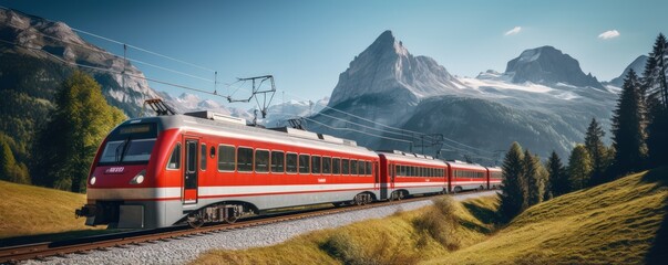 Picturesque scenery and train travel. A suburban passenger train. A locomotive pulls a passenger train along a winding road among the mountains. - obrazy, fototapety, plakaty