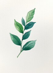 Blue-green leaves in a beautiful isolated simple watercolor gouache illustration pattern, on watercolour paper texture