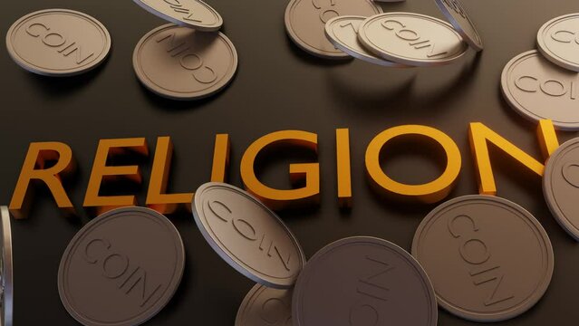 golden religion letters with falling coins from above 3d rendering