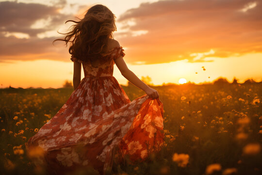 Young girl in dress enjoying summer freedom, walking in flower meadow at sunset