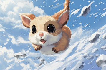 anime style background, a flying squirrel in the snow