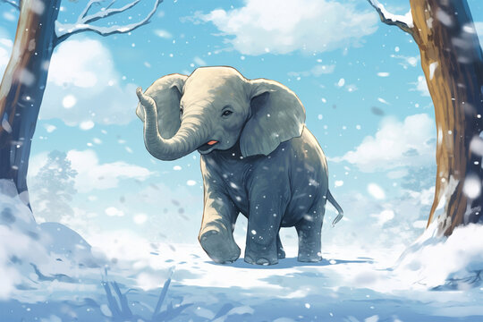 anime style background, an elephant in the snow