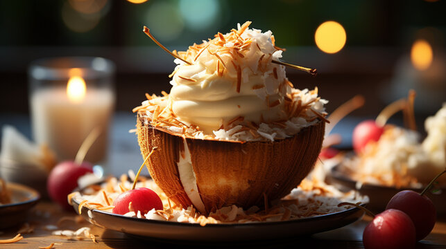 A tropical coconut ice cream served in a coconut shell UHD wallpaper Stock Photographic Image
