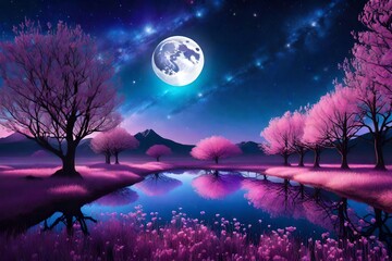 A peaceful magical landscape, galaxy sky night, moon, glowing elements - AI Generative