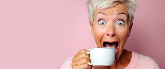 Funny excited looking middle aged woman drinking a coffee