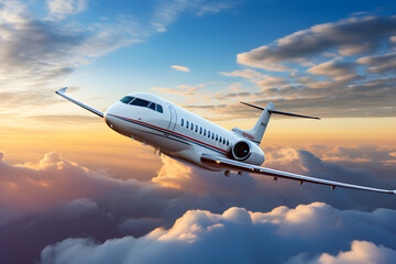 Fototapeta na wymiar small private jet flying in the blue sky with clouds