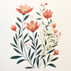 Red flowers in a beautiful isolated simple watercolor gouache illustration on watercolour paper texture