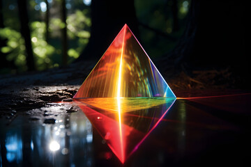 abstract background with pyramid glass prism refracting light spectrum in the forest