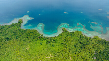 Fototapeta na wymiar Aerial view of tropical bay and lagoons with turquoise water. Borneo, Sabah, Malaysia.