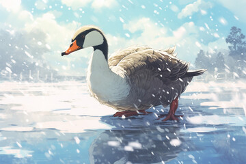anime style scenic background, a swan in the snow