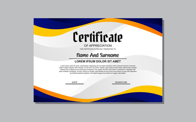 a certificate template with a blue and orange wavy design
