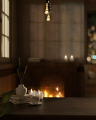 Interior design of a cosy modern living room at night with a coffee table.