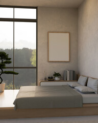 Fototapeta premium Minimal comfy modern bedroom with large bed and decoration and frame on the wall.