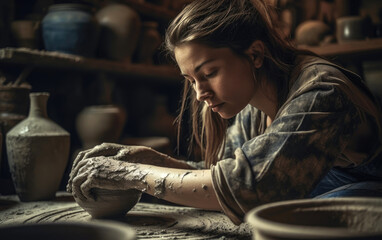 Potter working in pottery workshop - obrazy, fototapety, plakaty