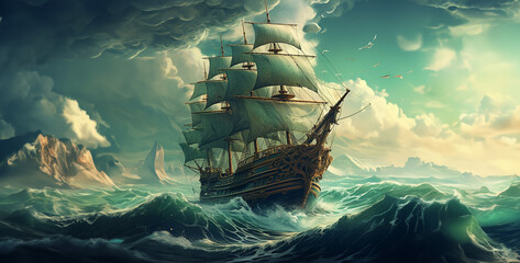 pirate ship in the sea, pirate ship in the ocean, pirate ship sailing. Generative Ai content - obrazy, fototapety, plakaty