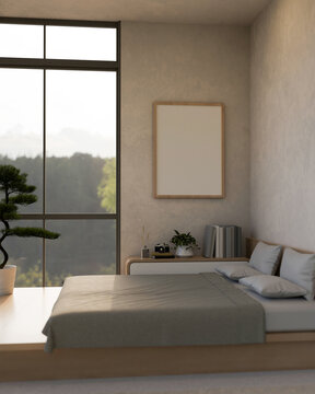 Minimal comfy modern bedroom with large bed and decoration and frame on the wall.