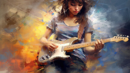 Obraz premium Fine Art Painting in Oil Mixed Style Brush Stroke of Beautiful Young Girl Playing a Guitar Vibrant Abstract Art