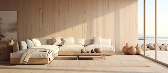 Obraz na płótnie Canvas Modern living room with natural colors light cotton wood flooring walls and ceiling