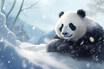 Fototapety  anime style scenic background, a panda in the snow