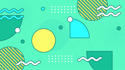 Vector green blue and yellow memphis design background with geometric shapes