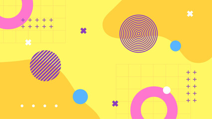 Yellow pink and blue vector memphis geometric background with shapes