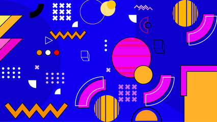 Vector yellow blue and purple memphis design background with geometric shapes