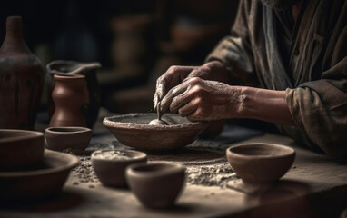 Fototapeta na wymiar Potter working in pottery workshop