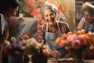 woman smiling while painting at a studio
