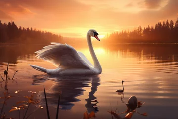 Deurstickers Swan with spread wings on a lake © Kien