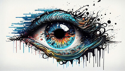 Extreme Close Up of Detailed Watercolor Splashes with Ink Outlines, 1920's Eyeball - obrazy, fototapety, plakaty